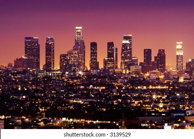 Downtown Los Angeles Skyline At Night, California, USA