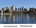 The downtown Los Angeles Skyline seen from MacArthur Park