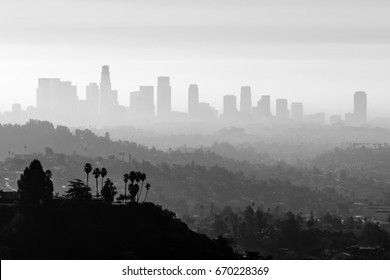 Downtown Los Angeles with smog and fog in black and white.  