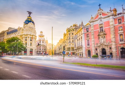 Downtown Madrid, Spain, where the Calle de Alcala meets the Gran Via. These are some of the most famous and busy streets in Madrid.
