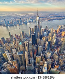 Downtown Manhattan Aerial Vertical Panorama With Vertigo Effect   