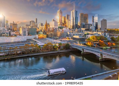 Downtown Melbourne City Skyline Cityscape Of Australia At Sunset From Top View