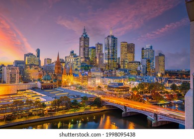 Downtown Melbourne City Skyline Cityscape Of Australia At Sunset From Top View