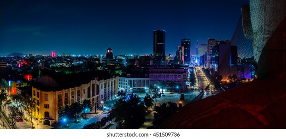 Downtown Mexico City Skyline At Night From Top Of The Revolution Monument