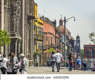 Downtown Mexico City Street Near The Zocalo Or Main Plaza.