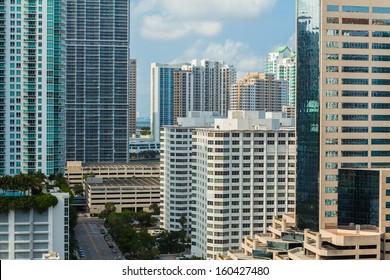 Downtown Miami Cityscape View With Condos And Office Buildings.