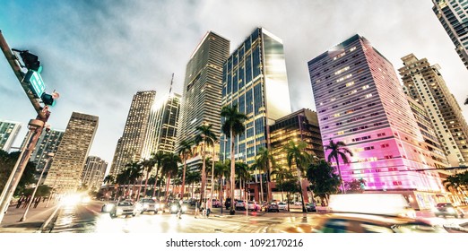 Downtown Miami at dusk. City buildings against the sky.
