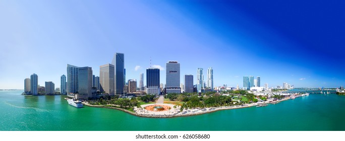 Downtown Miami, Florida. Panoramic Sunset Aerial View.