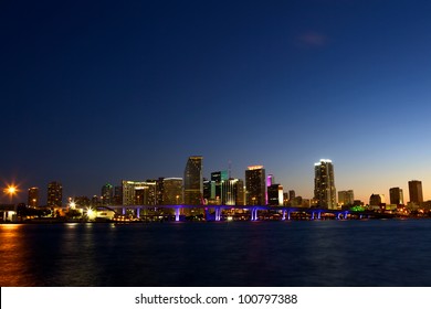 Downtown Miami Skyline And Biscayne Bay At Dusk, USA