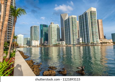 Downtown Miami skyline from Brickell Key on a beautiful sunny day, Florida.