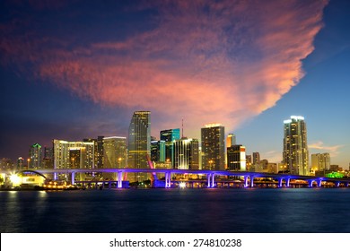 Downtown Miami Skyline At Dusk, Florida, United States