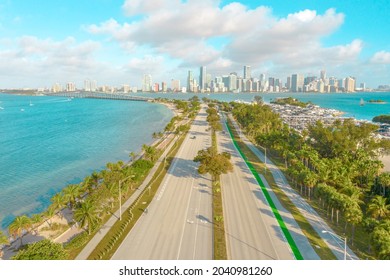 Downtown Miami Skyline View From Near Miami Marine Stadium Through Rickenbacker Causeway