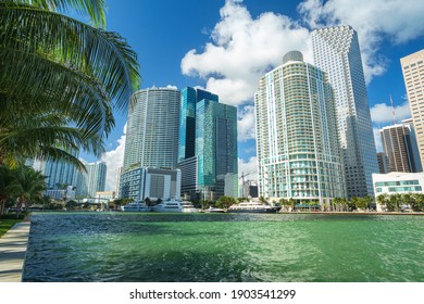 Downtown Miami view along Biscayne Bay from Brickell Key.