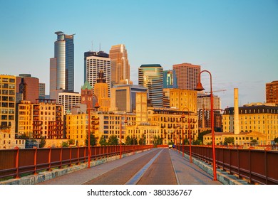 Downtown Minneapolis, Minnesota in the morning as seen from the famous stone arch bridge