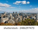 Downtown Montreal city skyline in autumn. Montreal, Quebec, Canada. View from the Kondiaronk lookout, Mount Royal.