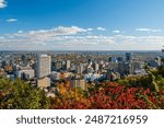 Downtown Montreal city skyline in autumn. Montreal, Quebec, Canada. View from the Kondiaronk lookout, Mount Royal.