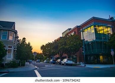 Downtown Mountain View, California, USA.  Evening Sunset.