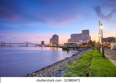 Downtown New Orleans, Louisiana And The Missisippi River At Twilight