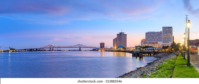 Downtown New Orleans, Louisiana And The Missisippi River At Twilight