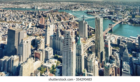 Downtown New York Aerial View  With Brooklyn And Manhattan Bridges.