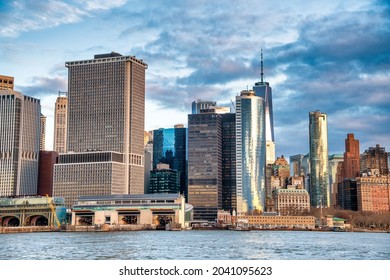 Downtown New York City At Sunset From A Moving Ferry Boat