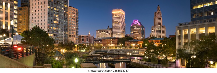 Downtown Panoramic City View Over The Woonasquatucket River Canal In Providence Rhode Island USA