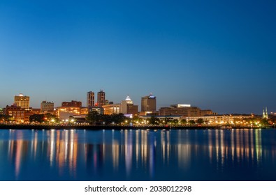 Downtown Peoria At Dusk With A Clear Sky (Some Corporate Signs Smeared)