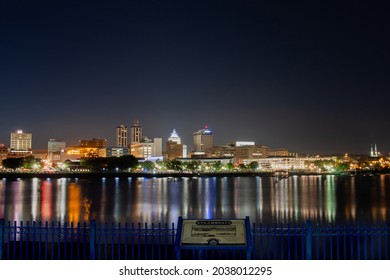 Downtown Peoria At Night With A Clear Sky (Some Corporate Signs Smeared)