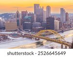 Downtown Pittsburgh city skyline, cityscape of  Pennsylvania in USA at sunset