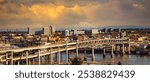 Downtown Portland Oregon with Marquam bridge over the Willamette River, also Mt St Helens