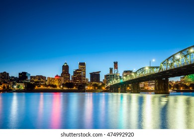 Downtown Portland Oregon Skyline At Night In USA