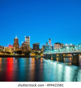 Downtown Portland Oregon Skyline At Night In USA