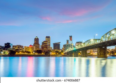 Downtown Portland Oregon Skyline At Night In USA