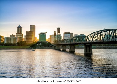 Downtown Portland Oregon skyline at sunset in USA