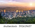 Downtown Portland, Oregon at sunset from Pittock Mansion.