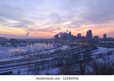 Downtown Saint Paul And Mississippi River At Dusk From Indian Mounds Park Overlook In Winter