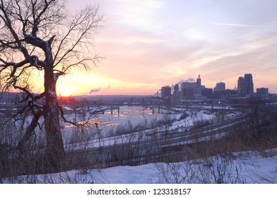 Downtown Saint Paul And Mississippi River At Dusk From Indian Mounds Park Overlook In Winter