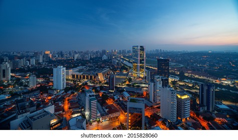 Downtown Sao Paulo At Night From A Building High Up Showing Skyline