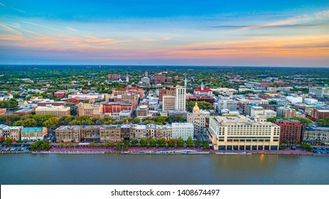 Downtown Savannah Georgia Skyline Aerial.