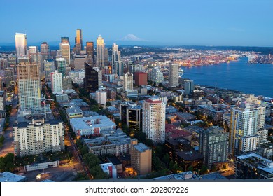 Downtown Seattle And Mt.Rainier At Sunset