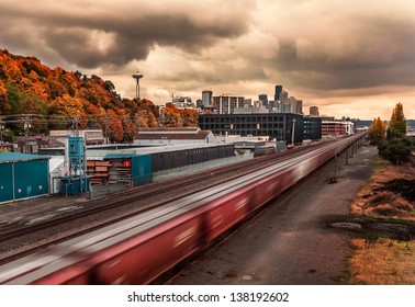 Downtown Seattle With Train In Motion.