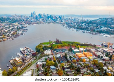 Downtown Seattle View From Above Gasworks Park- Aerial