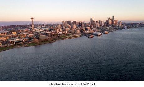 Downtown Seattle Waterfront Aerial View At Sunset At Puget Sound