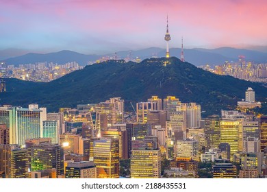 Downtown Seoul city skyline, cityscape of South Korea at sunset
