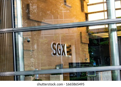 Downtown Singapore - February 15, 2020 : A Sign Logo Of Singapore Stock Exchange SGX At The Lobby Office Building.