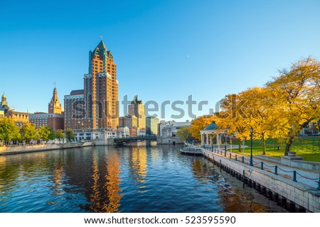 Downtown skyline with Buildings along the Milwaukee River, in Milwaukee, Wisconsin.