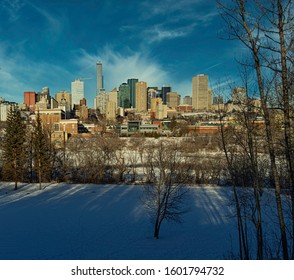 Downtown Skyline In Edmonton, Alberta, Canada. Taken On A Sunny Winter Day In December. 