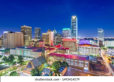 Downtown skyline of Oklahoma City, Oklahoma, USA at twilight.