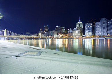 Downtown Skyline And Roberto Clemente Bridge Over Allegheny River, Pittsburgh, Pennsylvania, USA