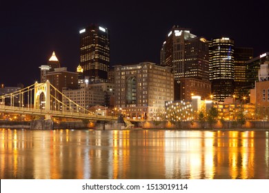 Downtown Skyline And Roberto Clemente Bridge Over Allegheny River, Pittsburgh, Pennsylvania, USA